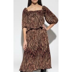 Ganni Pleated Georgette Middi Dress in Tiger's Eye Print Size 36/US 4, NWT